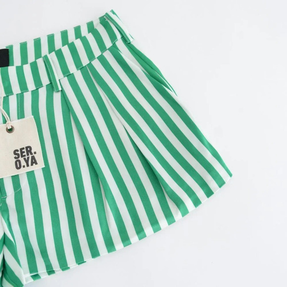 SER.O.YA Wren Wide Leg Short Kelly Green & White Stripe Silk Shorts XS NWT - Picture 4 of 7
